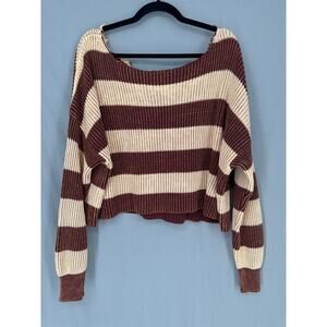 Free People Sweater Womens Medium Brown Boxy Crop Striped Oversized Grunge